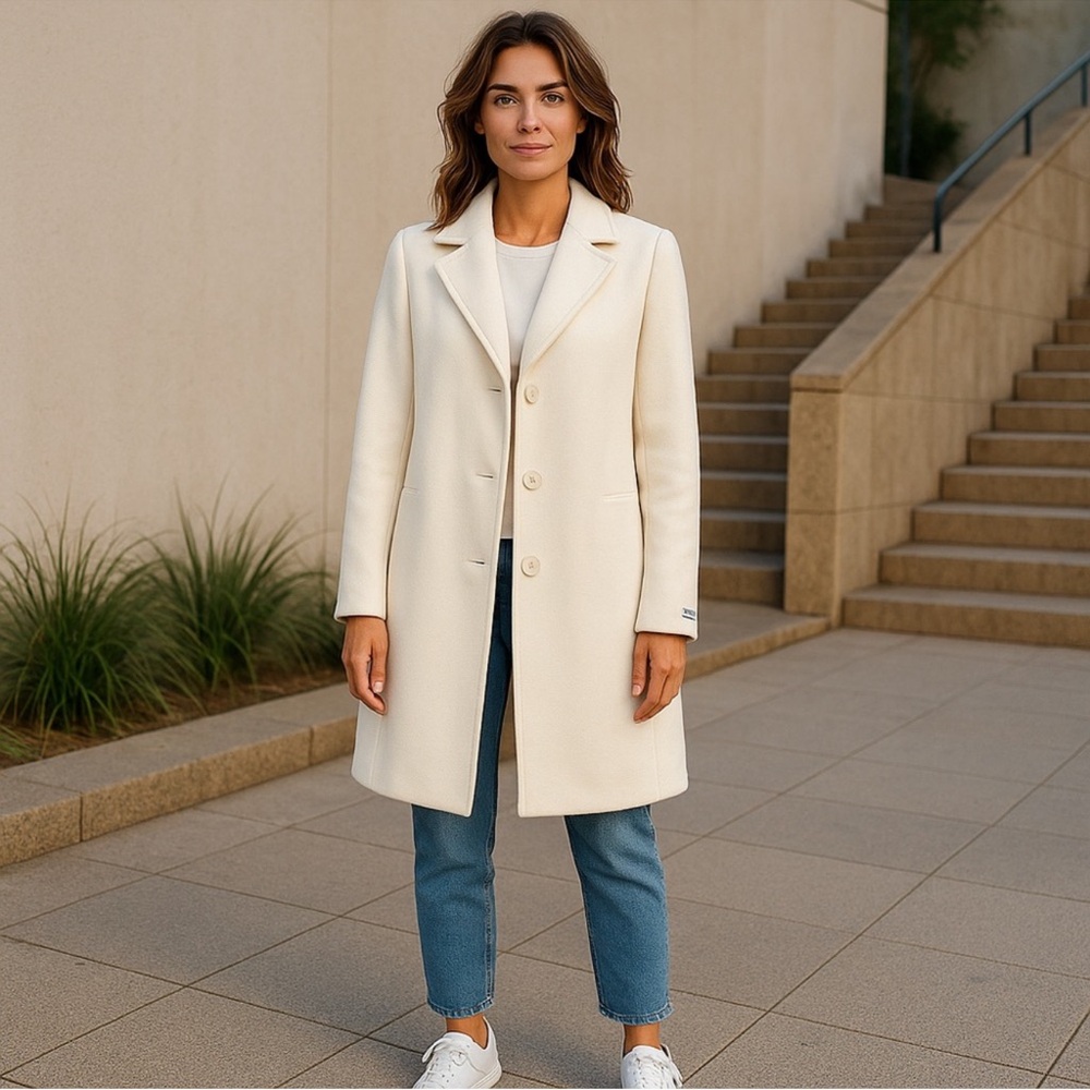 Calvin Klein Cream Single-Breasted Wool Cashmere Blend Coat
